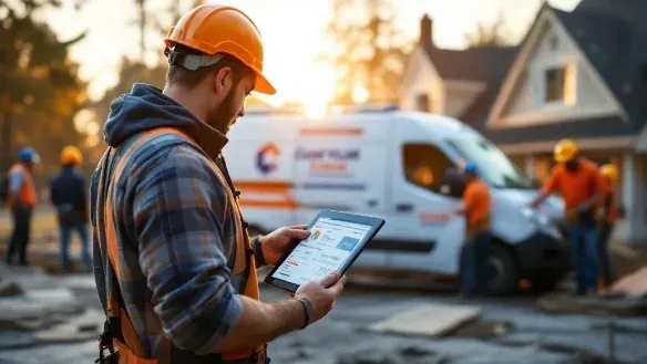 Professional contractor crew working at residential job site with branded work truck