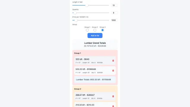 Lumber mill calculation tool interface